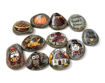 Hand-Painted Thanksgiving Stone Sets – 5 or 6 Piece Options