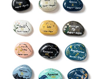 12 Zodiac Hand Painted Stones, Astrology Gifts, Zodiac Sign Decor, Birthday Gift, Celestial Keepsake