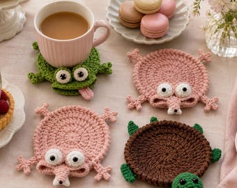 Posavasos de ganchillo artesanal con forma de animal, salvamanteles de algodón, protector de mesa con diseño de animalito divertido, regalo encantador de estilo cottagecore, adorno divertido para la cocina, regalo dulce