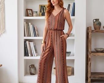 Boho-jumpsuit, mouwloze romper met V-hals en wijde pijpen, enkellange jumpsuit met etnische print en zakken