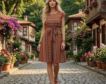 Boho A-Line Midi Dress, Vintage Inspired Print, Casual Summer Outfit