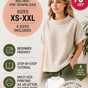 Schnittmuster für ein Leinentop (PDF) | Einfaches, locker sitzendes Blusenschnittmuster | Bluse mit weichem Stehkragen | Minimalistisches Leinentop für Damen | Sofort-Download