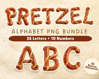 Pretzel Alphabet PNG Bundle | Realistic Bakery Letters | Bonus Elements | Transparent PNG | 300 DPI