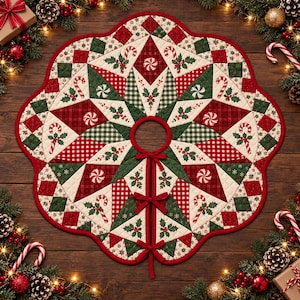 Vintage Quilt Star Scalloped Quilted Christmas Tree Skirt, Holiday Tree Base Cover, Festive Xmas Decor