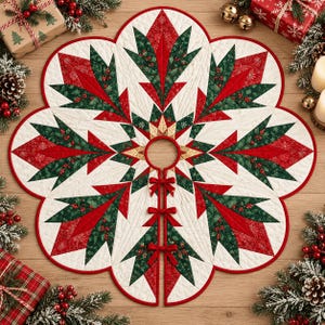 Starflower Patchwork Scalloped Quilted Christmas Tree Skirt, Holiday Tree Base Cover, Festive Xmas Decor