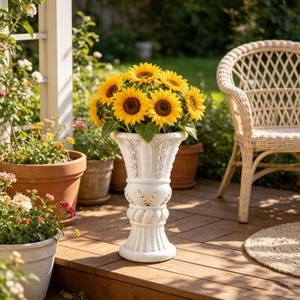 May include: A white pedestal planter with a textured, fluted base and a decorative rope-like middle section, filled with a vibrant bouquet of bright yellow sunflowers with dark brown centers, standing on a wooden deck in an outdoor setting.