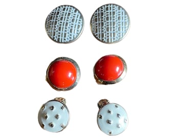 Vintage Mod Clip-On Earrings, Round Geometric, Three Pairs