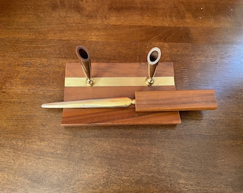 Vintage MCM Park & Sherman Solid Walnut Desk Block with Letter Opener