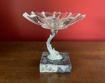 Vintage Art Deco Dolphin/Koi Fish Compote Marble and Glass Trinket Dish