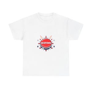 May include: A white short-sleeve t-shirt featuring a centered graphic of a red circular button with the word RESPAWN printed in white letters. The button is surrounded by stylized red and dark blue geometric shapes, spikes, and small diamond accents.