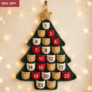 May include: A dark green crochet Christmas tree wall hanging featuring twenty-four small pockets arranged in rows. Each pocket is cream, gold, or red with a number from 1 to 24 stitched on the front. A gold crochet star sits at the top.