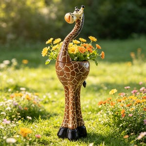 1PC Whimsical Standing Giraffe Planter Pot, Heavy Solid Resin Animal Flower Vase, Hand Painted Giraffe Sculpture