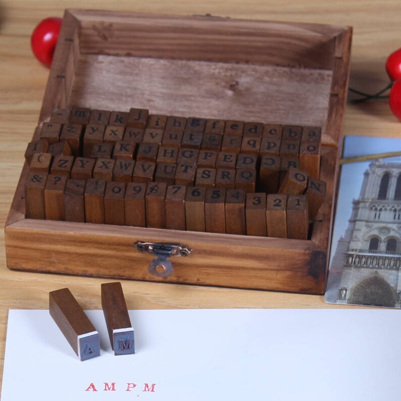 On Sale Wooden Rubber Stamp Box Vintage Print Style Etsy