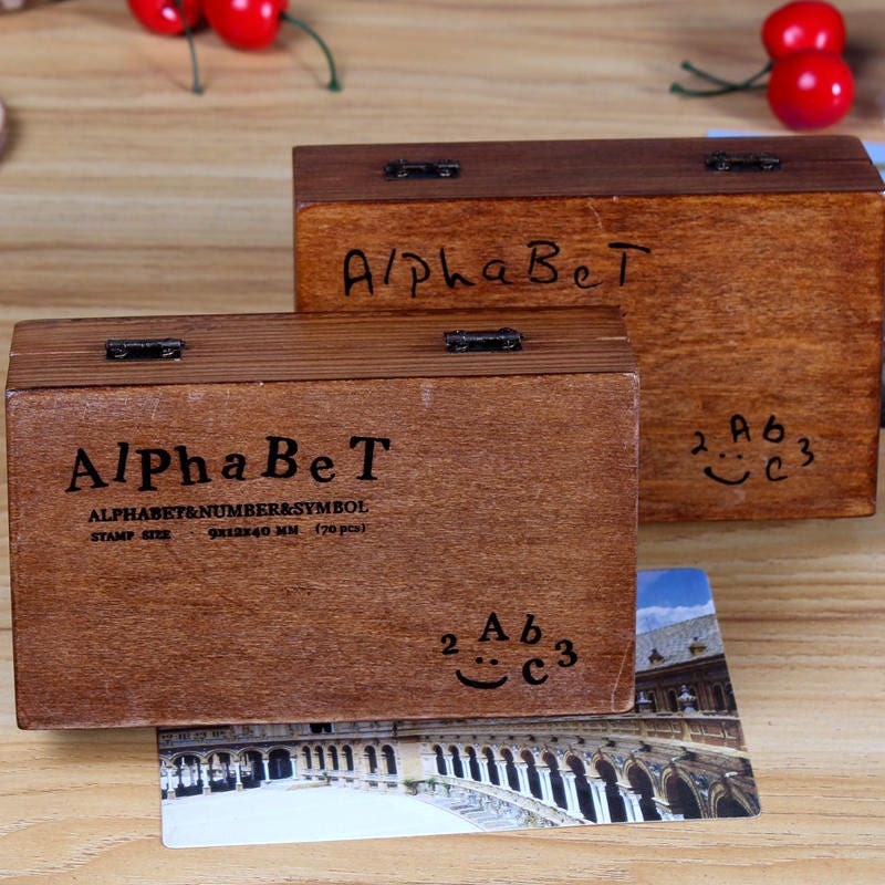 On Sale Wooden Rubber Stamp Box Vintage Print Style Etsy