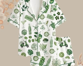 Satin Pajama Set, Italian Summer Print Loungewear, Women’s Sleepwear, La Dolce Vita PJs