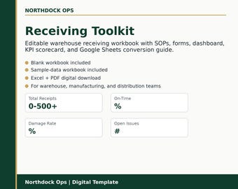Toolkit voor magazijnontvangst: bewerkbare Excel- en pdf-sjablonen (digitale download)