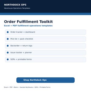 May include: A digital Order Fulfillment Toolkit by Northdock Ops featuring Excel and PDF templates. The list includes an order tracker, dashboard, pick list, pack checklist, backorder and return logs, issue tracker, planner, SOPs, and printable forms.