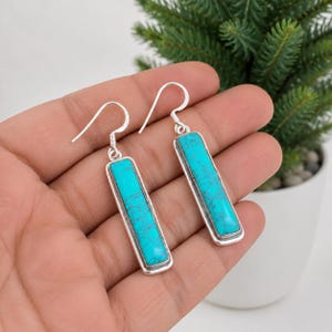 Handmade Sterling Silver Turquoise Drop Earrings, Rectangular Dangle Blue Stone Jewelry