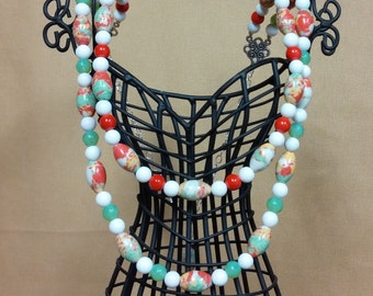 Adjustable Two Strand Necklace with Dyed Turquoise, Red and White Jade, and Green Glass Beads