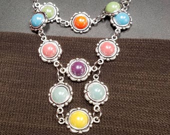 Silver-Tone Bib-Style Necklace with Multi-Color Enamel Dot Buttons