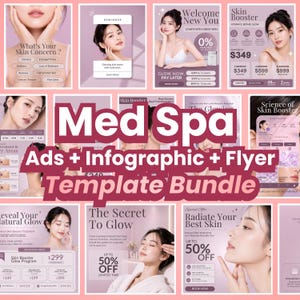 May include: A digital marketing bundle for a medical spa featuring multiple templates with soft purple backgrounds, images of individuals touching their faces, and text overlays detailing skin treatments, promotional offers, and service menus.