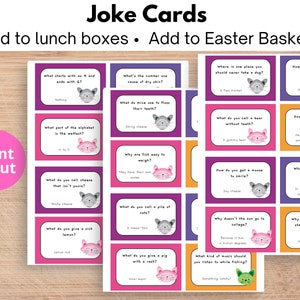 May include: A set of colourful joke cards with riddles and puns, featuring animal illustrations. The cards are designed to be added to lunch boxes or Easter baskets. The phrase "Print & Cut" is also visible.
