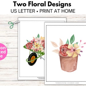 Floral Digital Wall Art, Print at Home, Garden Print, Two Sizes, 8x10, 5x7, Wheelbarrow with flowers watering can, Flower pot with blooms