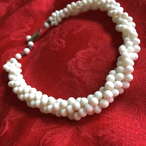 Vintage white glass bead braided / twisted necklace