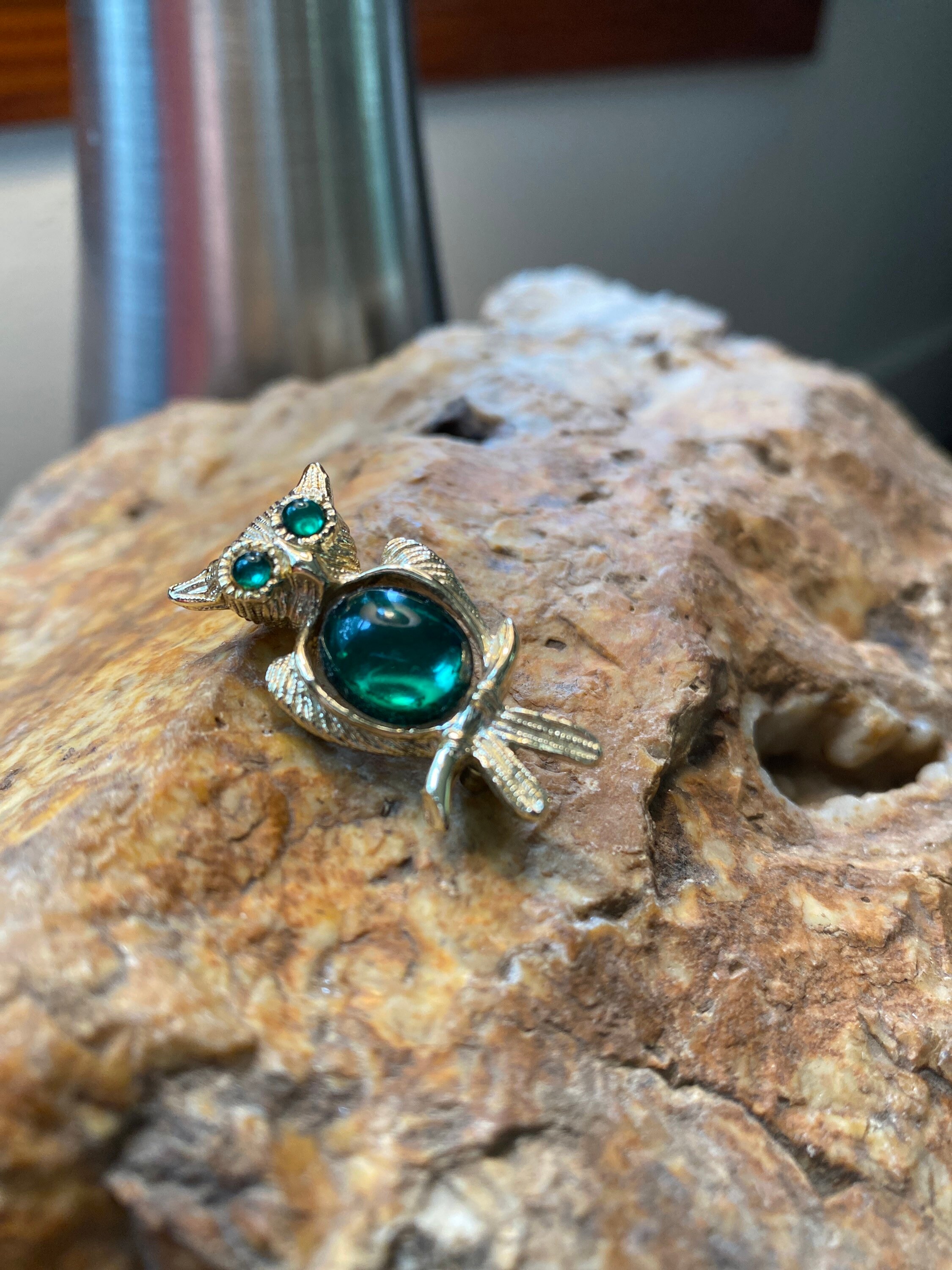 Vintage Gold Owl Brooch With Green Eyes and Chest.