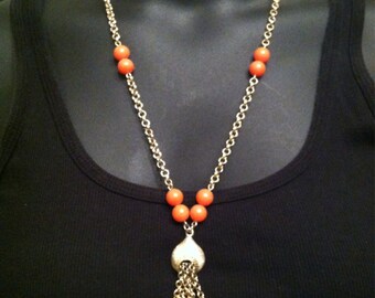 Vintage Gold Tone Chain Necklace with Orange Beads