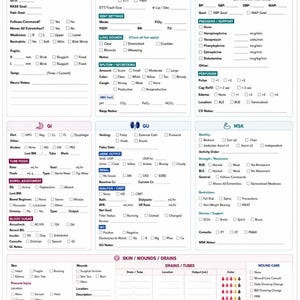 以下が含まれることがあります： The Brain Sheet Co.によるMICUレポートシート。患者情報、神経、呼吸器、循環器、消化器、泌尿器、筋骨格系、皮膚、創傷、ドレーン、静脈アクセス、点滴などのセクションがあり、チェックボックスと臨床データを記入するための空白行が配置されています。