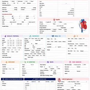May include: A white medical report sheet titled The Brain Sheet Co. CVICU Report Sheet, featuring sections for cardiovascular assessment, Swan Ganz, Impella, vascular, respiratory, renal, endocrine, infection, neuro, pain, and LVAD data.