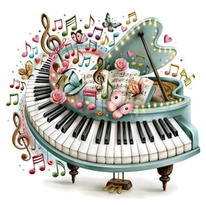 May include: A light blue grand piano featuring black and white keys, open sheet music, and decorative elements including pink roses, colorful butterflies, and floating musical notes in various colors like red, green, and gold against a white background.