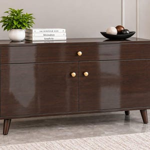 Modern Wooden Sideboard Cabinet with Glass Doors  Wine Rack & Storage  Handmade Mid Century Buffet Cabinet for Dining Room  Living Room