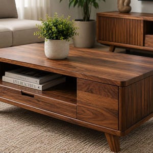 Puede incluir: Una mesa de centro rectangular de madera oscura con superficie lisa, un estante de almacenamiento abierto que contiene dos libros titulados Kinfolk y Live Beautiful, y una puerta lateral con listones verticales, sobre cuatro patas cónicas.