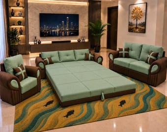 Handmade Folding Couch Bed with Custom Rug Selection | Modern Convertible Cauch | Choose Your Favorite Rug | Premium Wooden Couch Bed