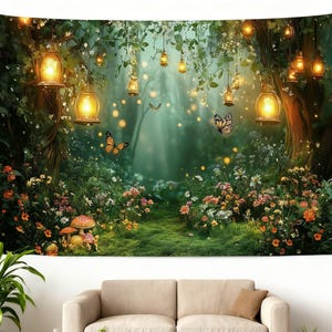 May include: A rectangular wall tapestry featuring a forest scene with glowing lanterns hanging from tree branches, colorful butterflies in flight, and a lush ground covered in green moss, small mushrooms, and various orange and white wildflowers.