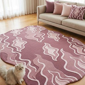 8x10 Mauve Pink Wavy Rug, Hand Tufted Wool, Organic Topographic Pattern, Living Room Modern Area Rug