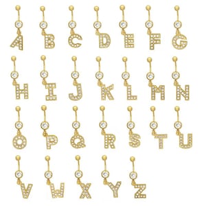 Initial Belly Button Ring, Gold Letter Dangle Navel Ring, Personalized A-Z Alphabet Belly Piercing, Crystal Custom Belly Jewelry Gift