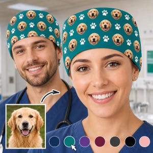 Custom Pet Face Scrub Cap, Personalized Dog Photo Surgical Hat, Vet Tech Nurse Gift, Paw Print Medical Cap, Pet Lover Gift
