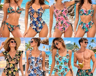 カスタムフェイス水着、パーソナライズされた写真入りビキニ、おもしろ水着、独身最後のパーティー用水着、カスタムスイムトランクス