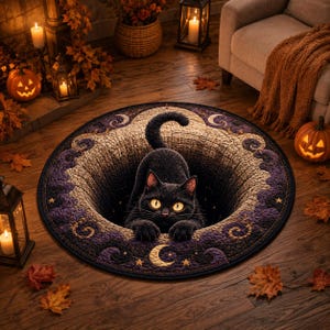 May include: A round area rug featuring a 3D optical illusion of a deep hole in the center. A black cat with bright yellow eyes is positioned in the middle, appearing to emerge from the hole. The rug has a purple and beige quilted pattern.