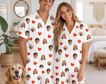 Conjunto de pijama con cara personalizada, pijamas con foto personalizada, pijamas a juego para parejas, pijamas con cara de mascota, regalo de San Valentín para él y para ella.
