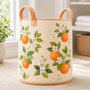 May include: A cylindrical quilted laundry basket in cream with a repeating pattern of orange fruit, green leaves, and white blossoms. The basket features two braided tan handles attached to the top rim and a matching tan trim along the base.
