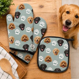Juego de manoplas y agarraderas para horno con cara personalizada, manoplas para horno con foto de mascota personalizada, regalo para mamás perrunas, regalo personalizado para perros, regalo de cocina