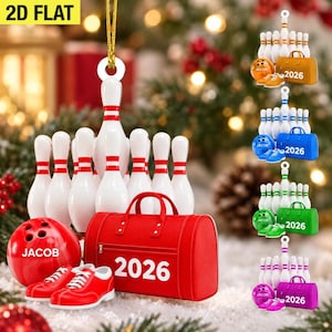 May include: A 2D flat hanging ornament featuring a set of white bowling pins with red stripes, a red bowling ball with the name JACOB printed in white, a pair of red bowling shoes, and a red bowling bag with the year 2026 printed in white.