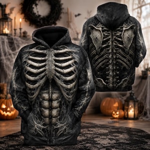 May include: A black hooded sweatshirt featuring a realistic, high-contrast 3D print of a human rib cage and abdominal muscles on the front, with a matching skeletal spine and shoulder blade design printed on the back of the garment.