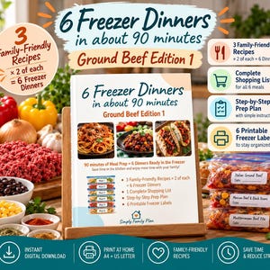 Può includere: Una guida digitale per la pianificazione dei pasti intitolata 6 Freezer Dinners in about 90 minutes Ground Beef Edition 1. La copertina presenta foto di pasta, un piatto di carne e tacos, con testo che descrive 3 ricette, una lista della spesa ed etichette.