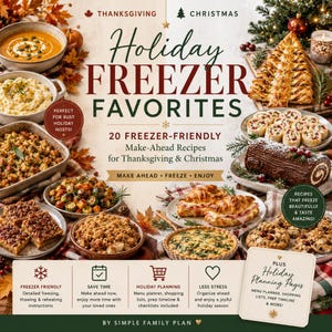 Peut inclure: Une couverture de livre de cuisine intitulée Holiday Freezer Favorites présentant 20 recettes à préparer à l'avance pour Thanksgiving et Noël. La mise en page montre divers plats préparés, dont de la soupe, de la farce, des pâtisseries et une bûche.