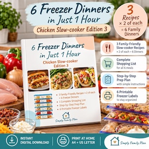 Può includere: Una guida digitale per la pianificazione dei pasti intitolata 6 Freezer Dinners in Just 1 Hour Chicken Slow-cooker Edition 3. La copertina mostra foto di piatti, una pila di sei contenitori etichettati e liste di ricette, spesa ed etichette.